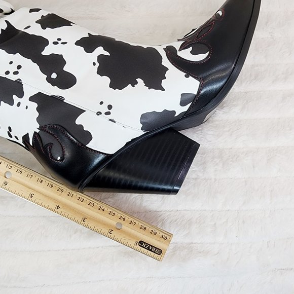 Western White & Black Cow Print OTK Thigh High Slouch Cowboy Boots - Picture 13 of 13